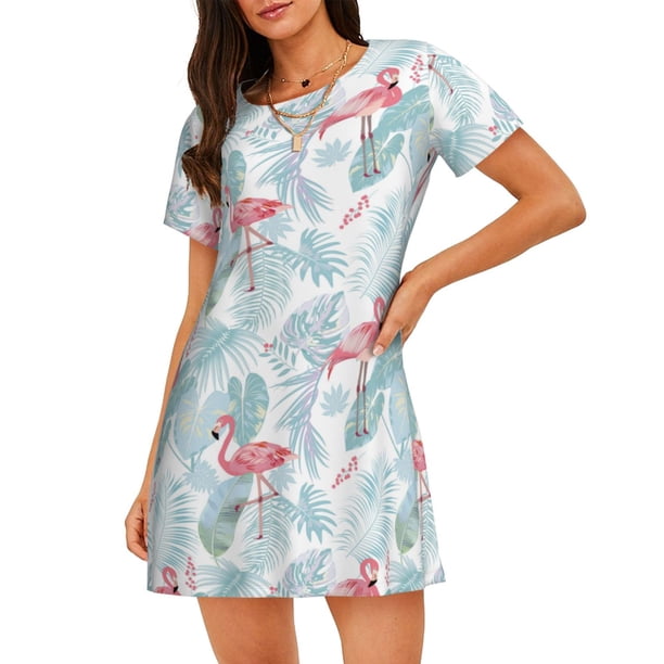 Fotbe Tropical Flamingo Bata de Dormir para Mujer con Estampado, Camisón de Algodón de Manga Corta, Ropa de Dormir Casual
