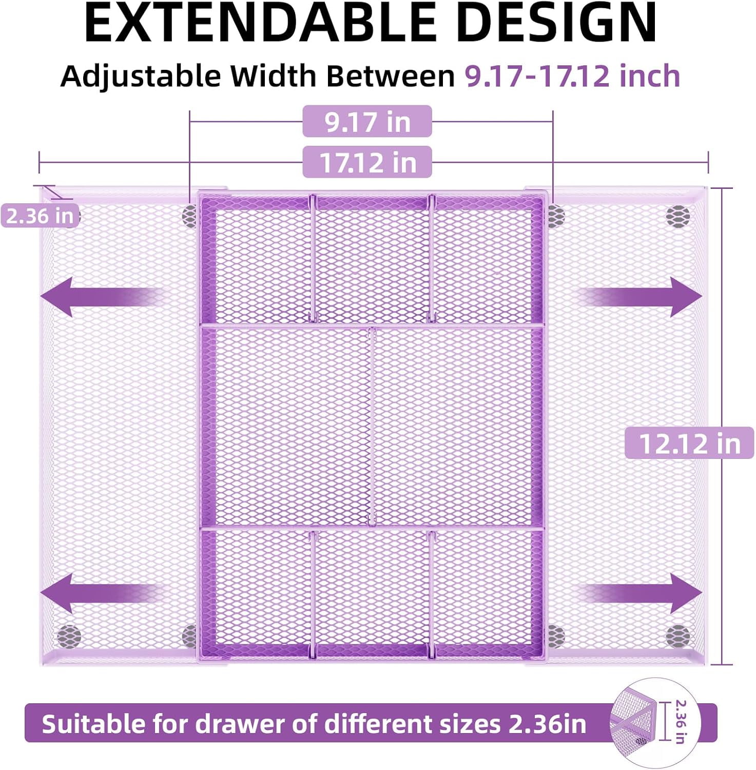 Expandable Desk Drawer Organizer, Mesh Drawer Organizer Tray with 10 Adjustable Compartments, Desk Organizers and Accessories for Office Supplies, Makeup & Vanity (Expandable-Purple 2 pack)