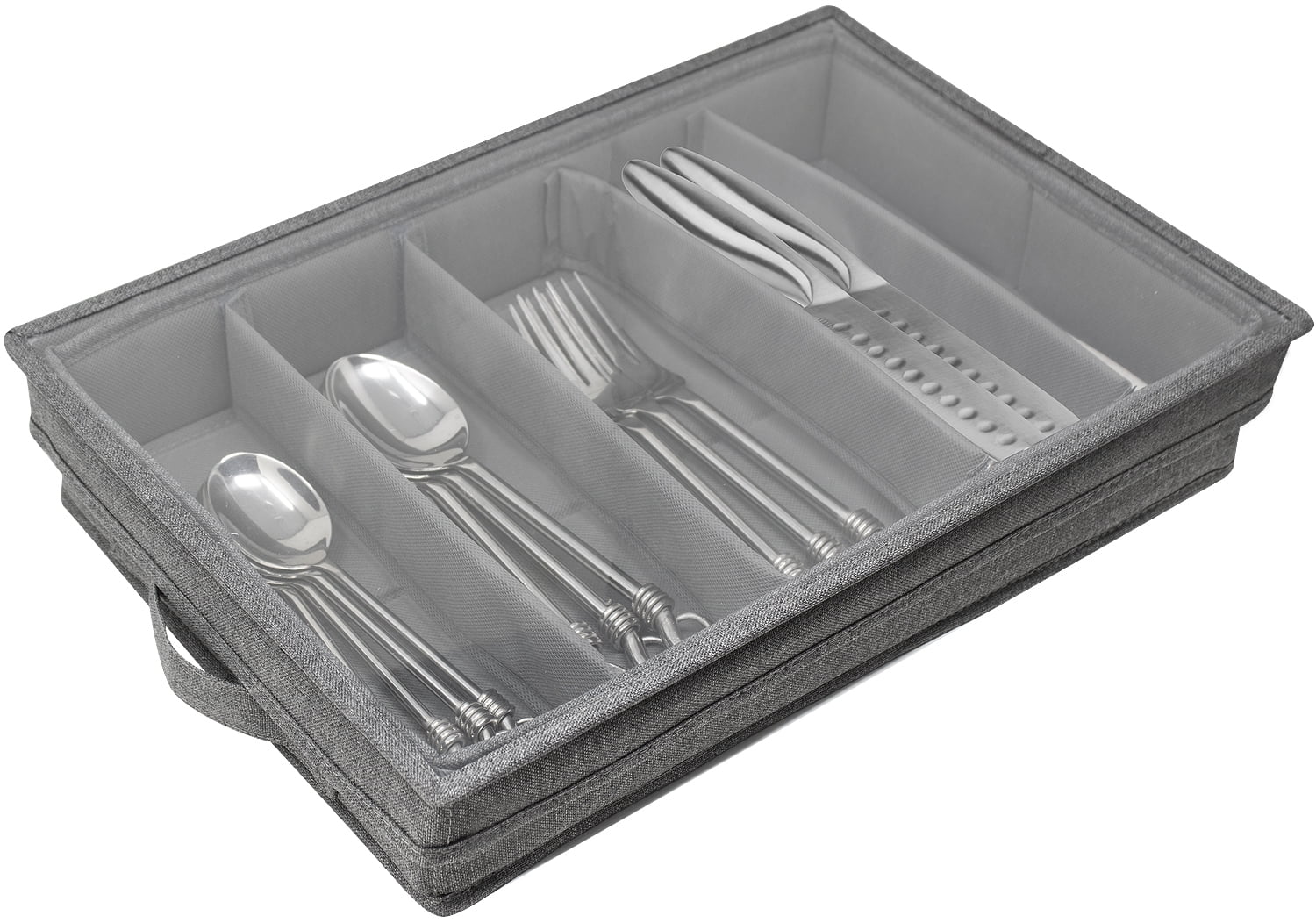 Cutlery Flatware Knives Flatware Storage Case Large Capacity Gray Fabric Container Holder for Organizing Utensils Silverware Storage Box Chest with Adjustable Dividers 