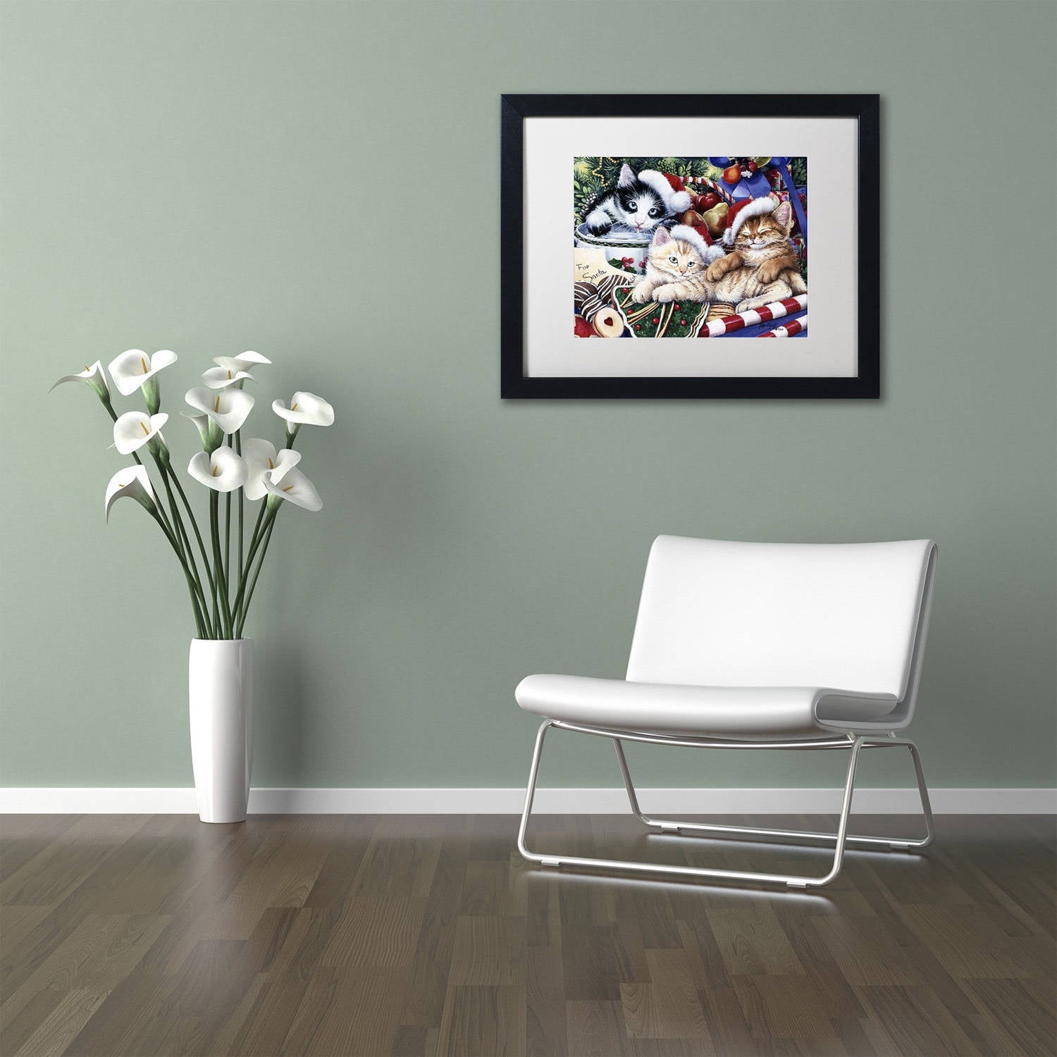 Trademark Fine Art 'Meowy Christmas 2' Canvas Art by Jenny Newland, White Matte, Black Frame