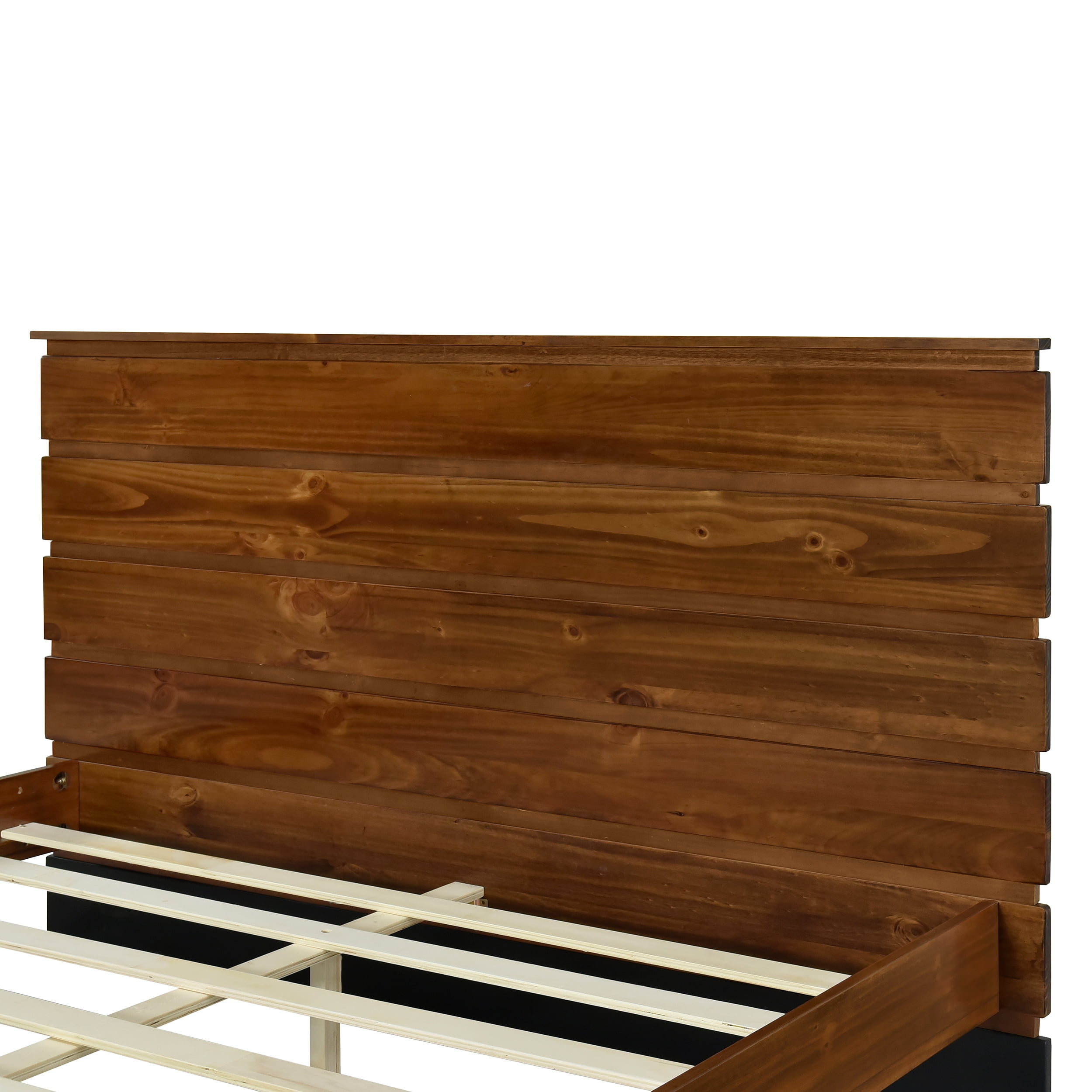 Euroco Wood Bed Queen Platform Bed with Six-Piece Headboard Design for Kids Adults,Brown