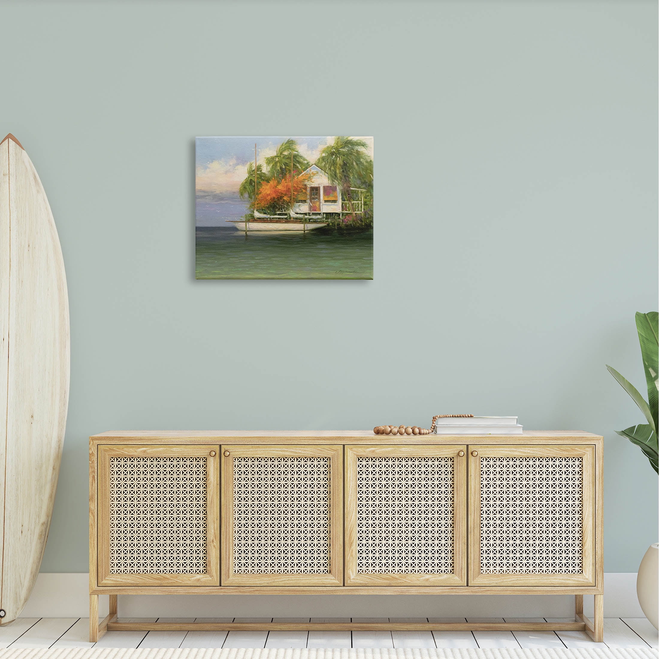 Tropical Seaside House Boat Landscape Painting Gallery Wrapped Canvas Print Wall Art
