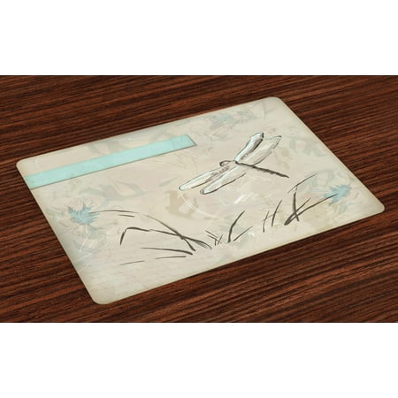 Grass Place Mats Dragonfly Placemats Set of 4 Romantic Vintage Sketch in Pastel Grass Birthday Grunge Grass Botany Artwork, Washable Fabric Place Mats for Dining Room Kitchen Table Decor,Seafoam Tan, by Ambesonne ()