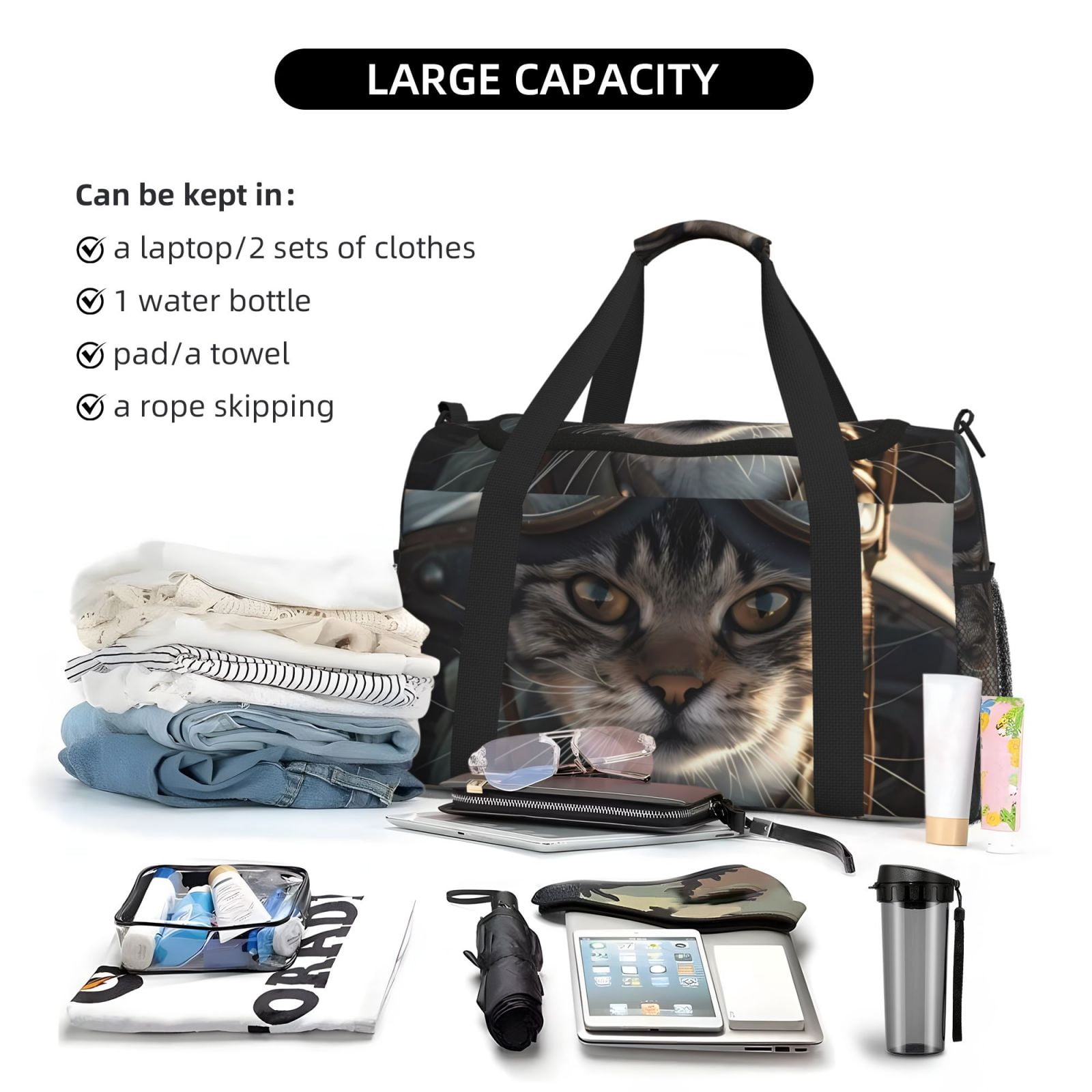 Fuzoiu Pilot Cat In Vintage Plane Print Travel Duffle Bag,Carry On Tote Bags,Duffel Bag,Sport Gym Bag, Hospital Bag for Labor and Delivery, Overnight Bag,Luggage Bag
