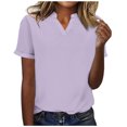thumbnail image 4 of Womens Dressy Casual Tops Rolled Short Sleeve V Neck Cotton Linen Tshirt Loose Solid Color Tunics Blouse Shirts (XL, Purple), 4 of 6