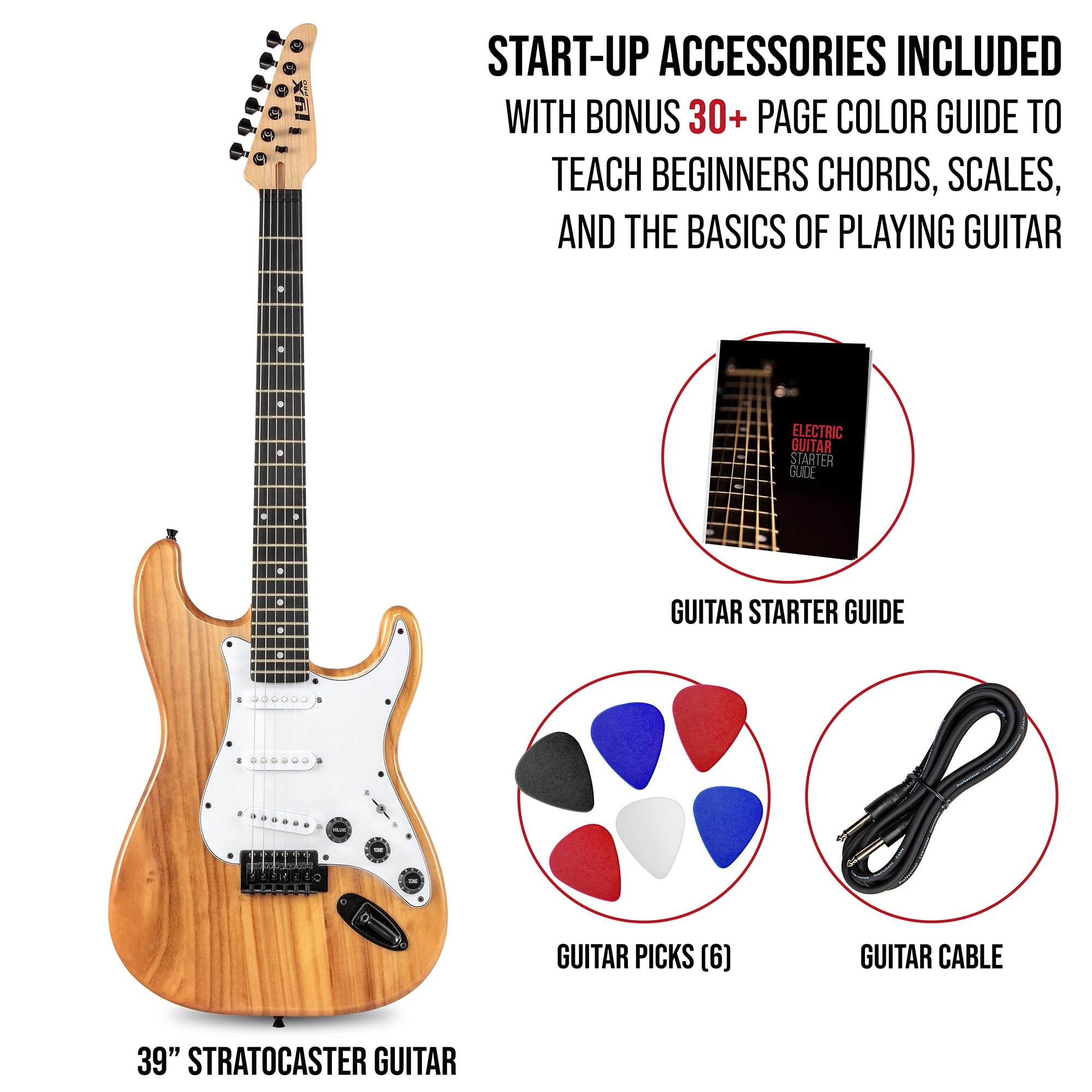 LyxPro CS Series 39-inch Electric Guitar Kit with Amp, Cable, 6 Picks, Solid Wood Body, Controls, Natural