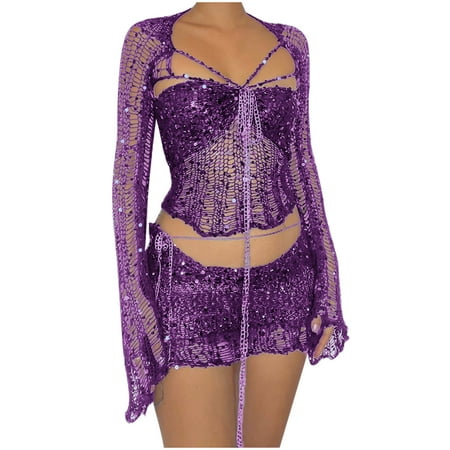 Purple Sequin Sparkle Sexy Cutout Eyelet Hawaiian Crochet Triangle Beach Matching Tops Set for Ladies Tops Skort Swimwear Kimono Coverup Sets Juniors 2025 XL