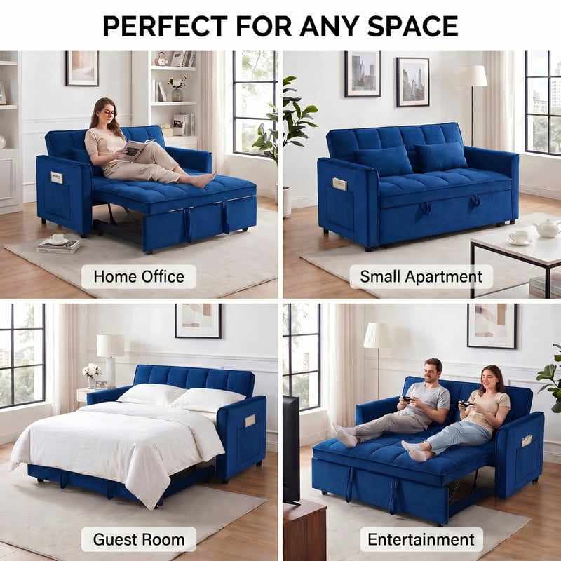 Gewnee 55" Sofa Bed, Convertible Sleeper Sofa & Pull Out Couch, 3-in-1 Velvet Loveseat with Adjustable Backrest and Storage Pocket, Blue