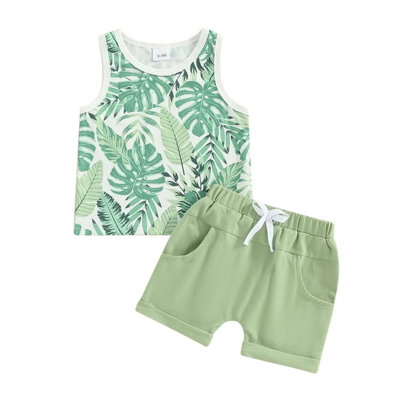 Musuos Toddler Boys Summer Shorts Sets 6 12 18 24M 3T Sleeveless Leaf Print Vest Tops and Drawstring Shorts Sets