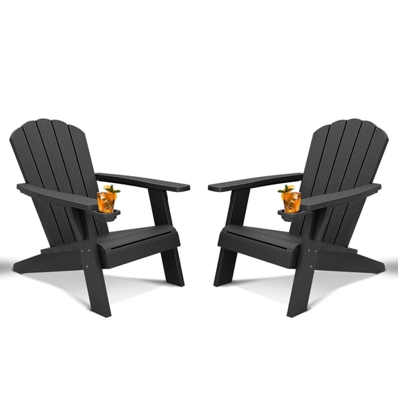 Bifanuo Outdoor Adirondack Chair with Cup Holder, HDPE Wood Grain Texture, Patio Chair, Weather-Resistant Outdoor Chair for Poolside, Patio, Backyard, Garden, Fire Pit Seating（Set of 2)