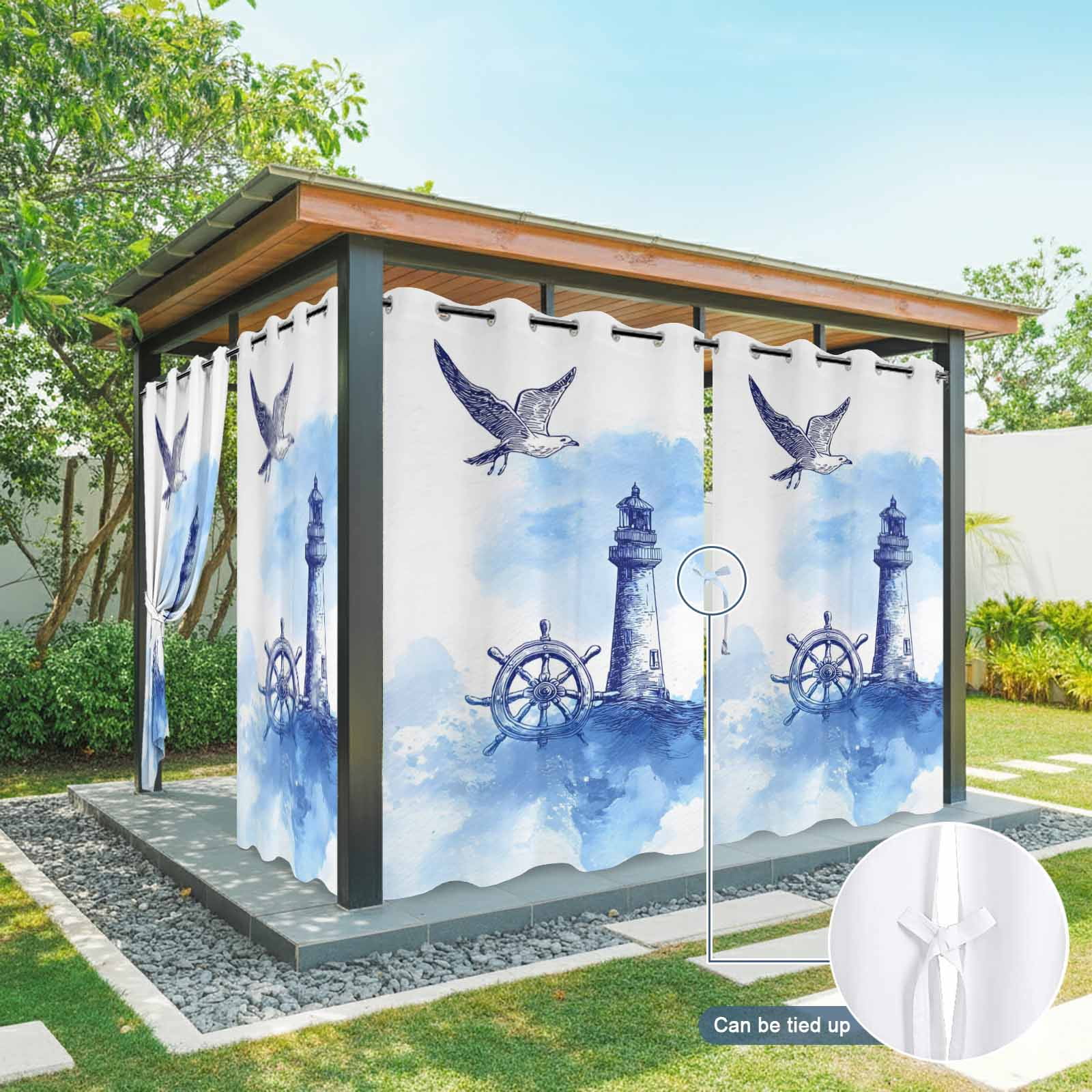 Summer Outdoor Curtains for Patio, Watercolor Seagull Blue Line Ship Rudder Lighthouse Sea Wave Sunshade Privacy Drapes Grommet Waterproof Outside Curtains for Porch/Cabana/Balcony 54"x 108", 1 Panel