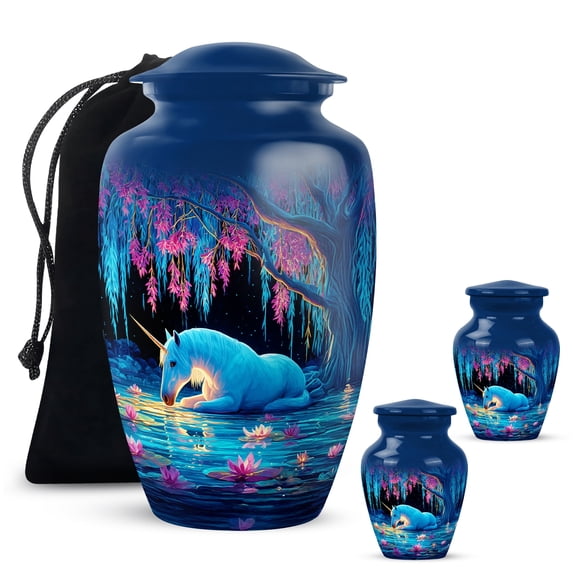 Yatskia Blue Unicorn with Flowers Large Cremation Urns for Human Ashes Adult Male and Female, Mini Memorial Urn for Ashes Adult Mom, (Classic 10 Inch and 3 Inch)