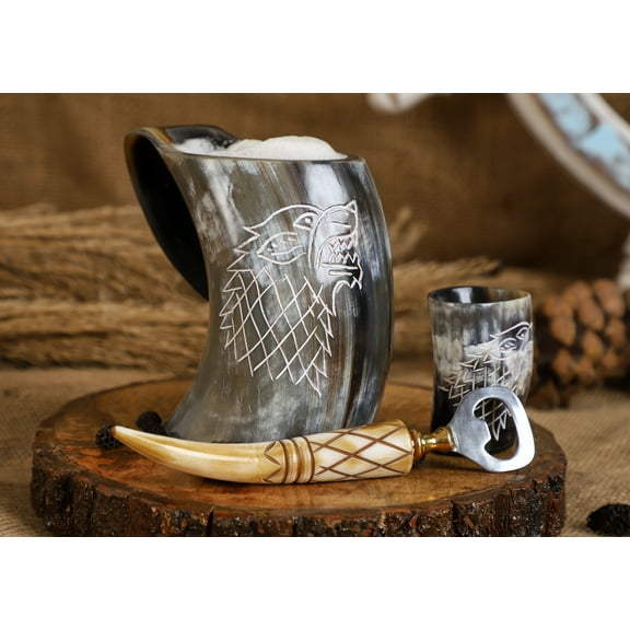 Viking Drinking Ox Horn Mug, Bottle Opener, Shot Glass, Bag (3Pcs Set and 1 Bag) 16 oz Genuine Viking Drinking Horn Cup for Mead, Wine, Ale, Water and Beer Tankard (4 Pcs Lion Combo)