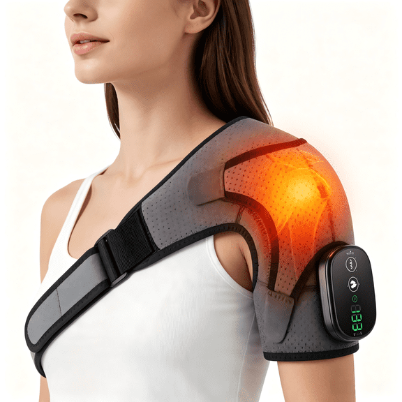 Rechargeable Heated Shoulder Brace with Heat & Vibration Modes, Digital Display Wireless Shoulder Massager