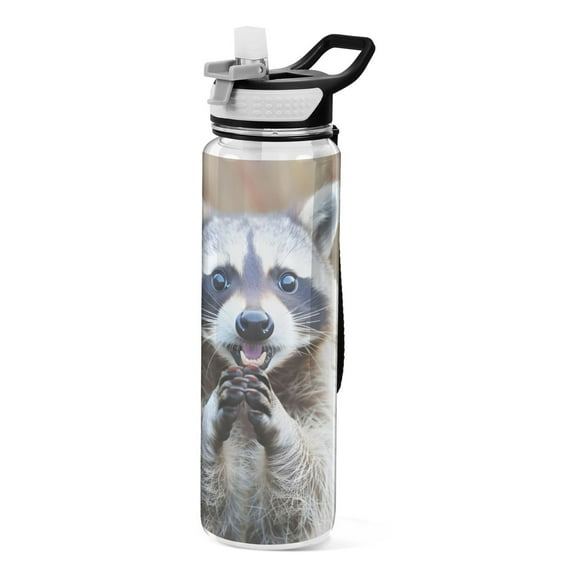 Hands Folded Raccoon Sports Water Bottle with Straws 32 Oz Tritan Clear Bottles BPA Free Leakproof Cup for Outdoor School Gym Fitness