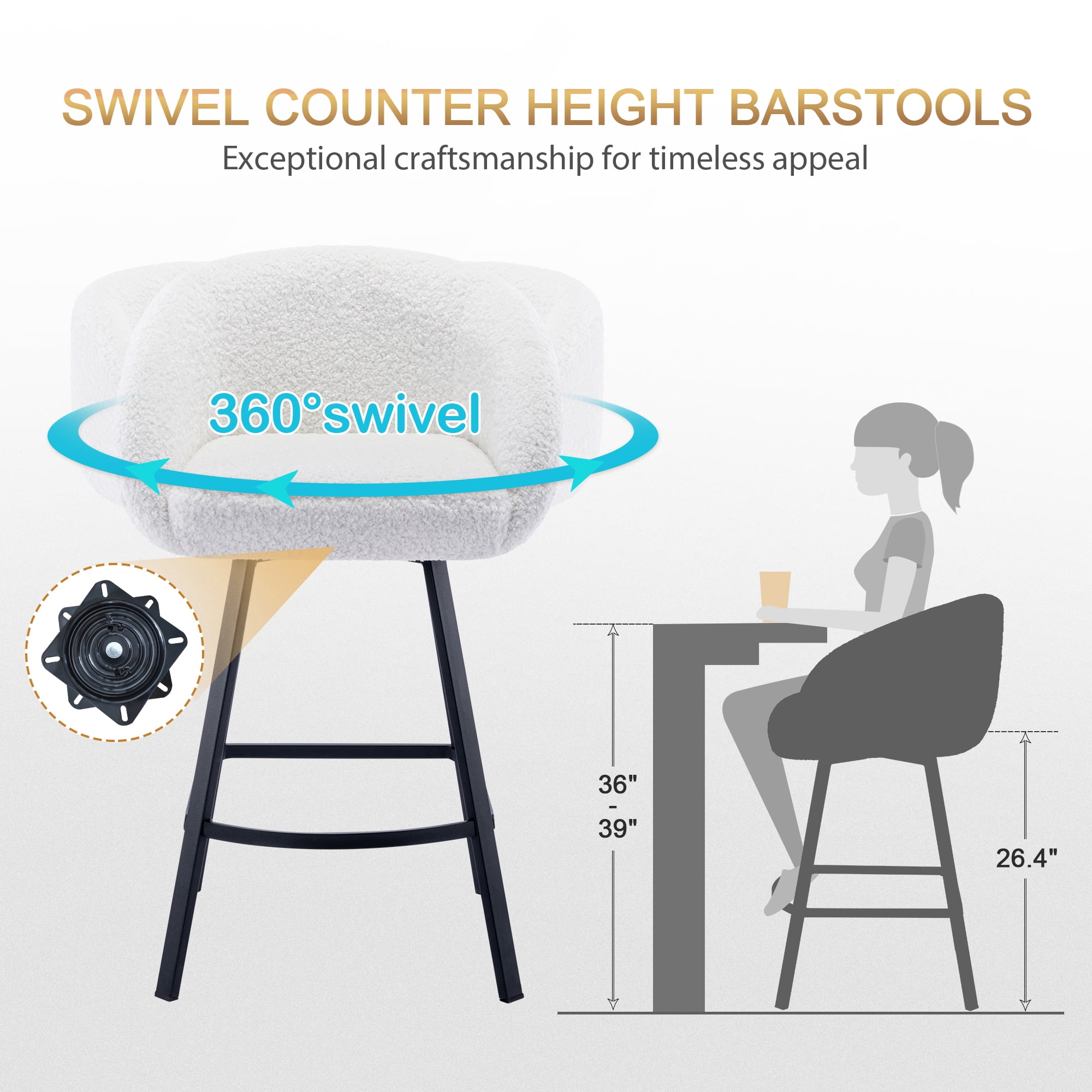Zesthouse Swivel Counter Height Bar Stools Set of 1, 26.4" Counter Height Sherpa Upholstered Barstools with Barrel Back and Arms, Modern Counter Stool for Pub Kitchen Island, White