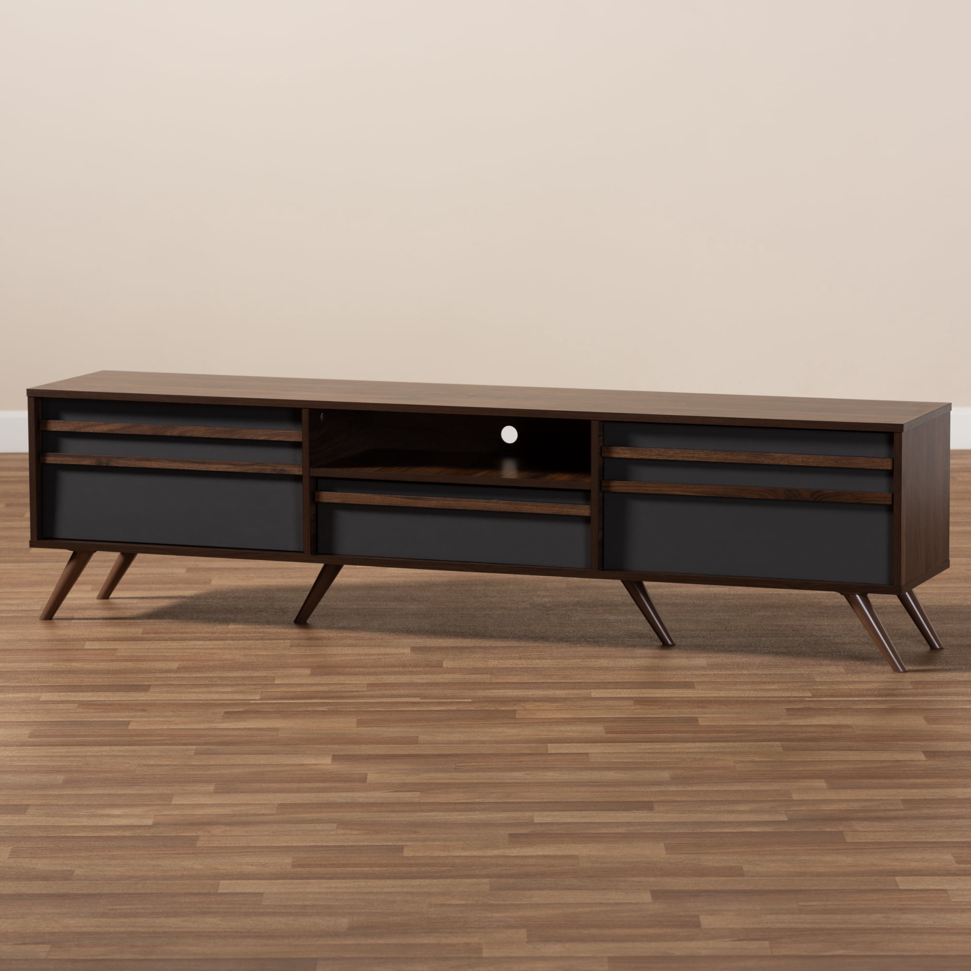 Baxton Studio Naoki Modern and Contemporary Two-Tone Grey and Walnut Finished Wood TV Stand with Drop-Down Compartments