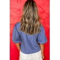 thumbnail image 3 of Women's Blue Stripe Tied Front Puff Short Sleeve Blouse - Playful & Feminine | [ZhiHiMeRi] | (US 12-14)L, 3 of 10
