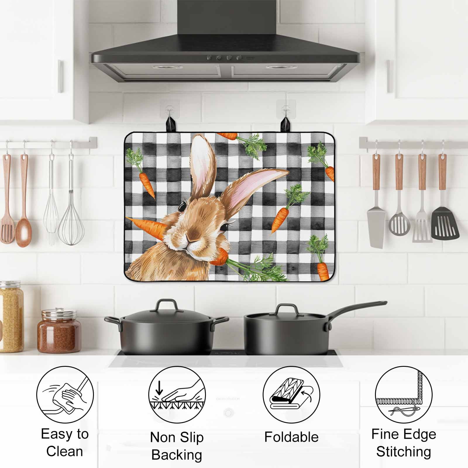 Easter Bunny Stove Top Cover for Electric Stove, Heat-proof & Non Slip Glass Top Stove Cover Protector, Spring Rabbits Carrots Black Buffalo Plaid Kitchen Flat Cooktop Rubber Mat 24x21 Inches