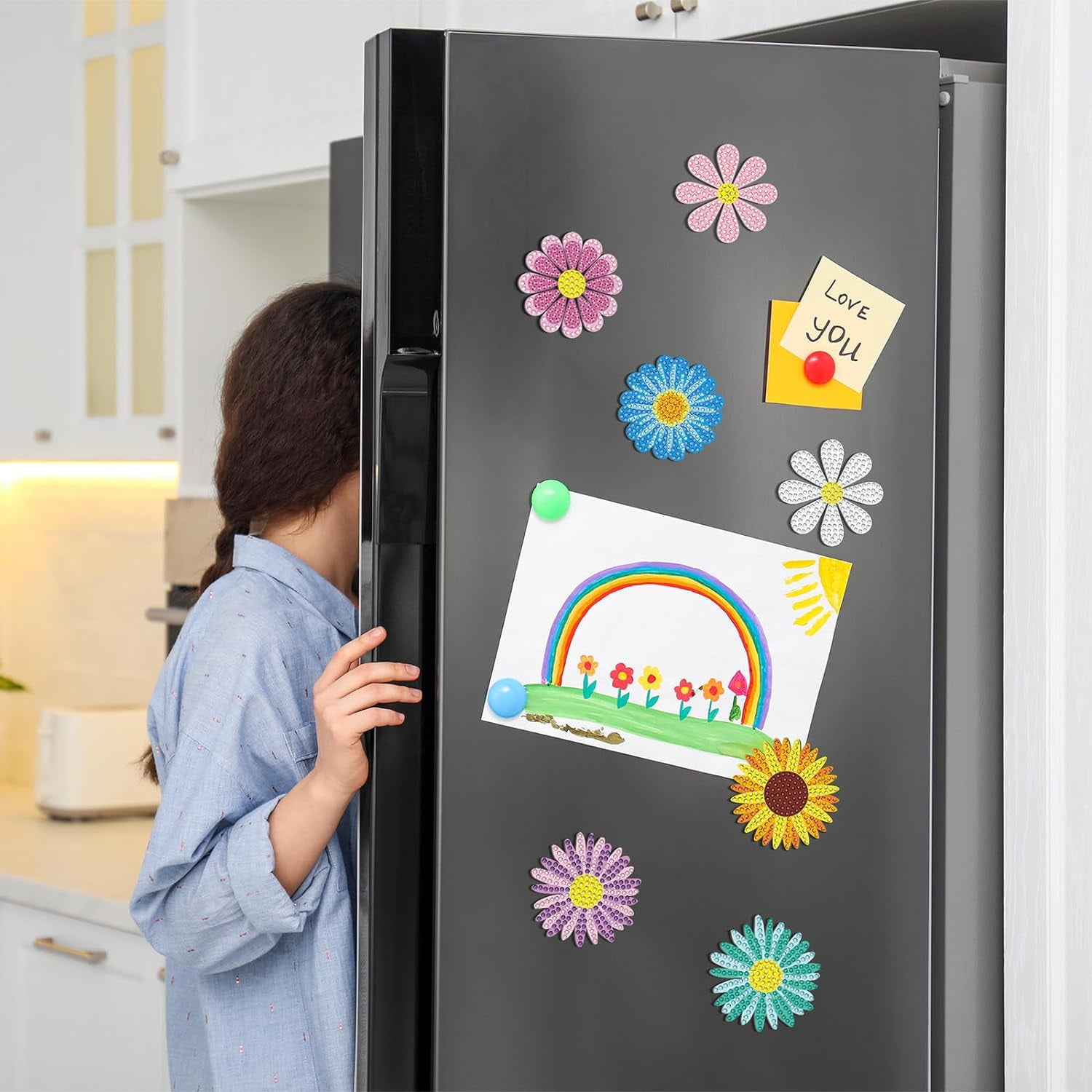 30 Pcs Diamond Art Magnets Refrigerator Easy Art Kits Fridge Diamond Painting Magnets Stickers for Adults DIY Home Decors Flower Butterfly(Daisy)