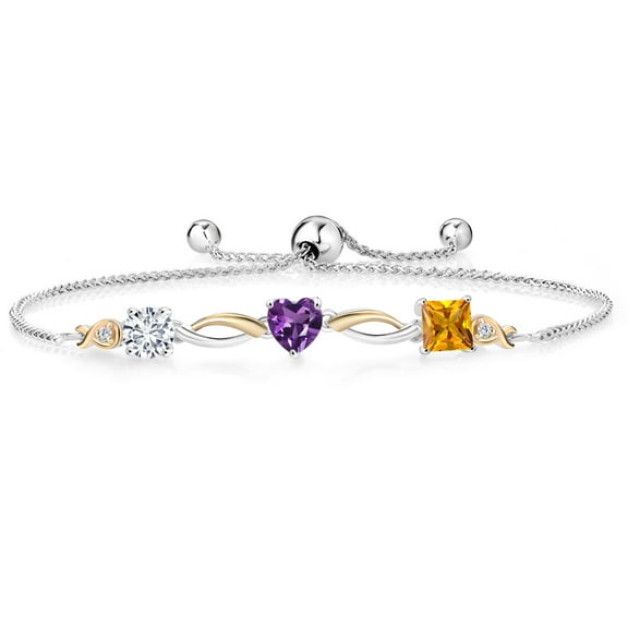 Gem Stone King 925 Silver and 10K Yellow Gold Purple Amethyst Yellow Citrine and Lab Grown Diamond Tennis Bracelet for Women By Keren Hanan (1.90 cttw, Adjustable up To 9 inch)