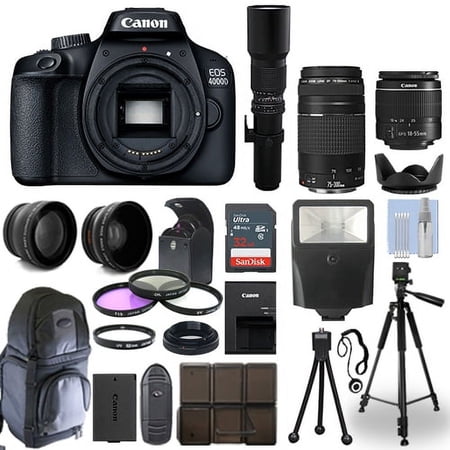 Canon EOS 4000D / T100 DSLR Camera + 5 Lens Kit: 18-55mm+ 75-300mm+ 500mm & More - International Version