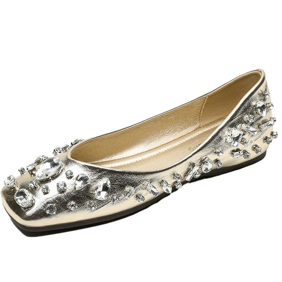 Women's PU Fashion Rhinestone Foldable Ballet Flats Square Toe Comfortable Slip-On Dressy Flat Shoes for Wedding Bridal Party Evening