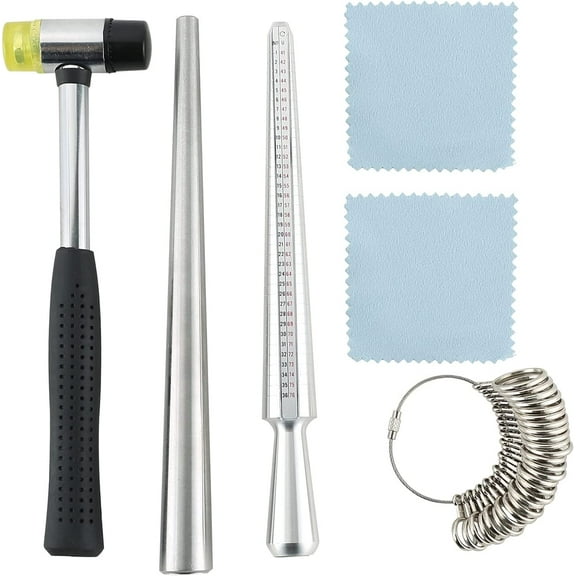 Ring Mandrel Sizer Tool with Metal Mandrel Finger Sizing Measuring Stick and Ring Sizer Guage of 27 Pcs Circle Models Jewelry Sizer Tool and Rubber Jewelers Hammer