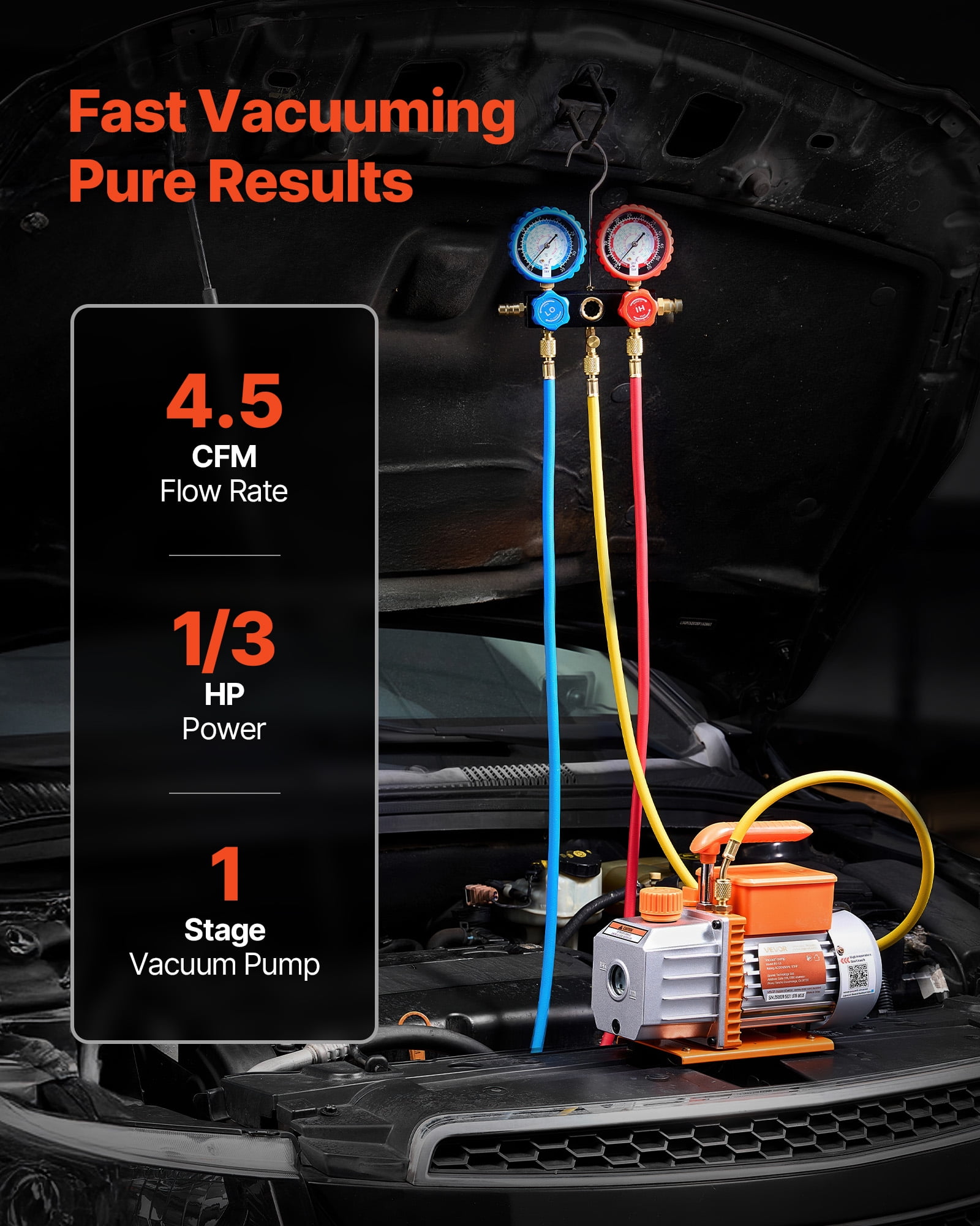 VEVOR 1/3HP AC Vacuum Pump, 4.5CFM Single Stage Rotary Vane HVAC Vacuum Pump, A/C&nbsp;Manifold Gauge Kit for R134a R22 R410a R1234YF R32