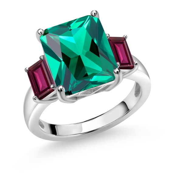 Gem Stone King 6.94 Ct Green Nano Emerald Red Rhodolite Garnet 925 Sterling Silver 3-Stone Ring (Size 6)