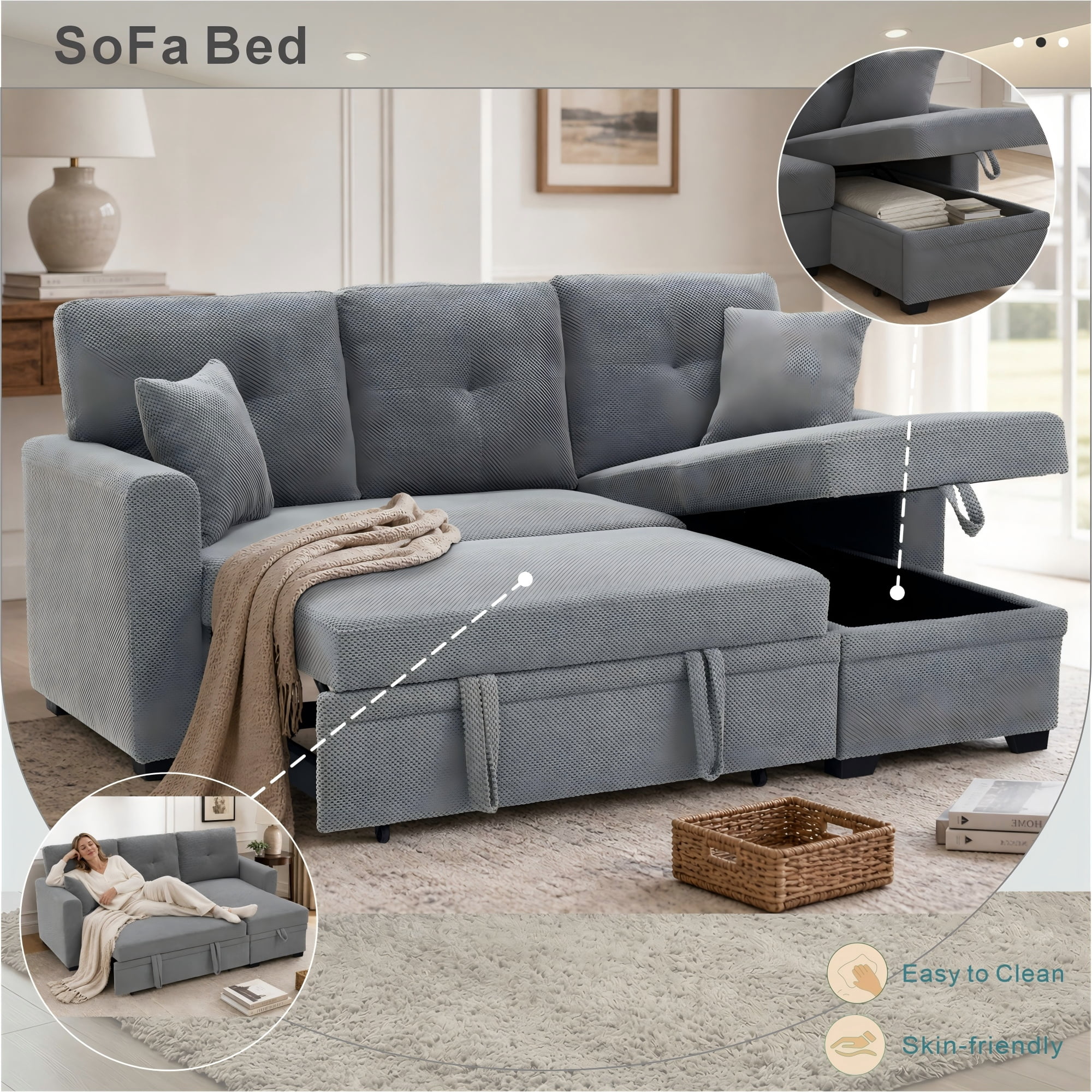 BSHTI 71"Foil Fabric L-Shaped Pull-Out Sleeper Sofa Bed with Reversible Chaise, Hidden Storage for Living Room（Light Gray）