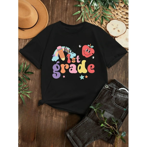 Girls' 1st Grade T-Shirt - Cute Cartoon Apple & Rainbow Design, Soft Gray Short Sleeve Tee, Perfect for Summer School Events & Casual Outfits, Youngsters'S Casual Wear | Playful Print Tee
