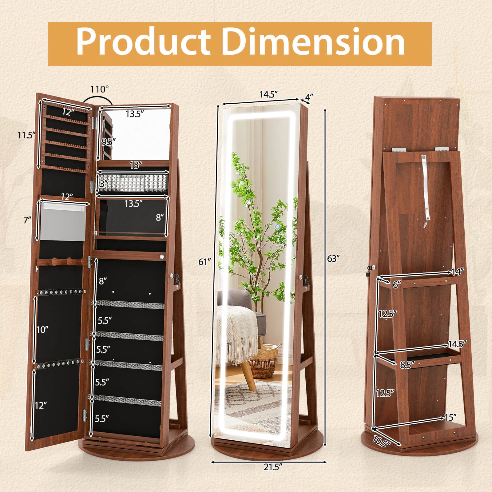 Costway 360° Swivel Jewelry Cabinet Organizer 3-Color LED Mirror with Built-in Lights Brown