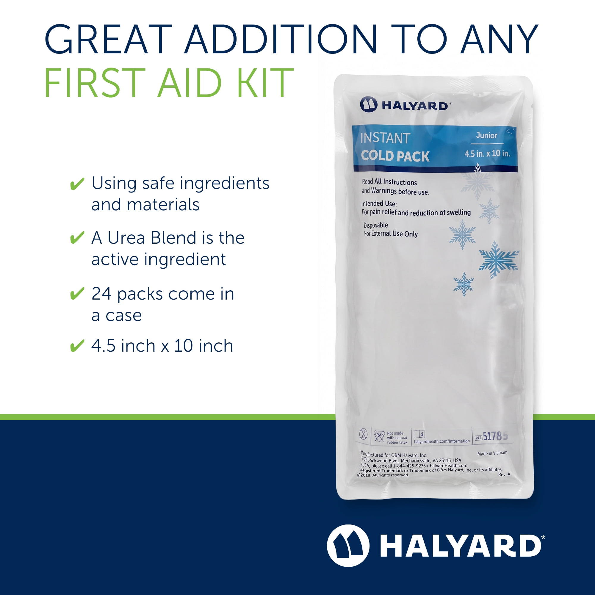 HALYARD Instant Cold Pack Disposable Cold Compress Ice Packs for Swelling Injuries Toothaches Sprains Strains 4.5 x 10 Inches, 24 Packs Per Case - 51785