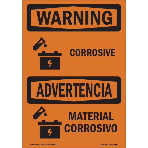 OSHA WARNING Sign - Corrosive - Material Corrosivo Bilingual | Plastic Sign | Protect Your Business, Work Site, Warehouse & Shop Area | Made in the USA