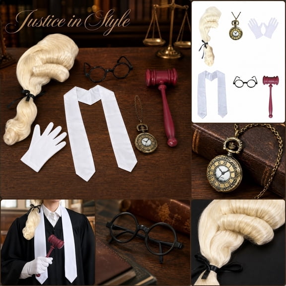 Judge Halloween Costume Accessory Kit,Classic Barrister Wig Gavel Shawl Tie Watch Set for Adult Women Men for Cosplay Costume Party & Festival