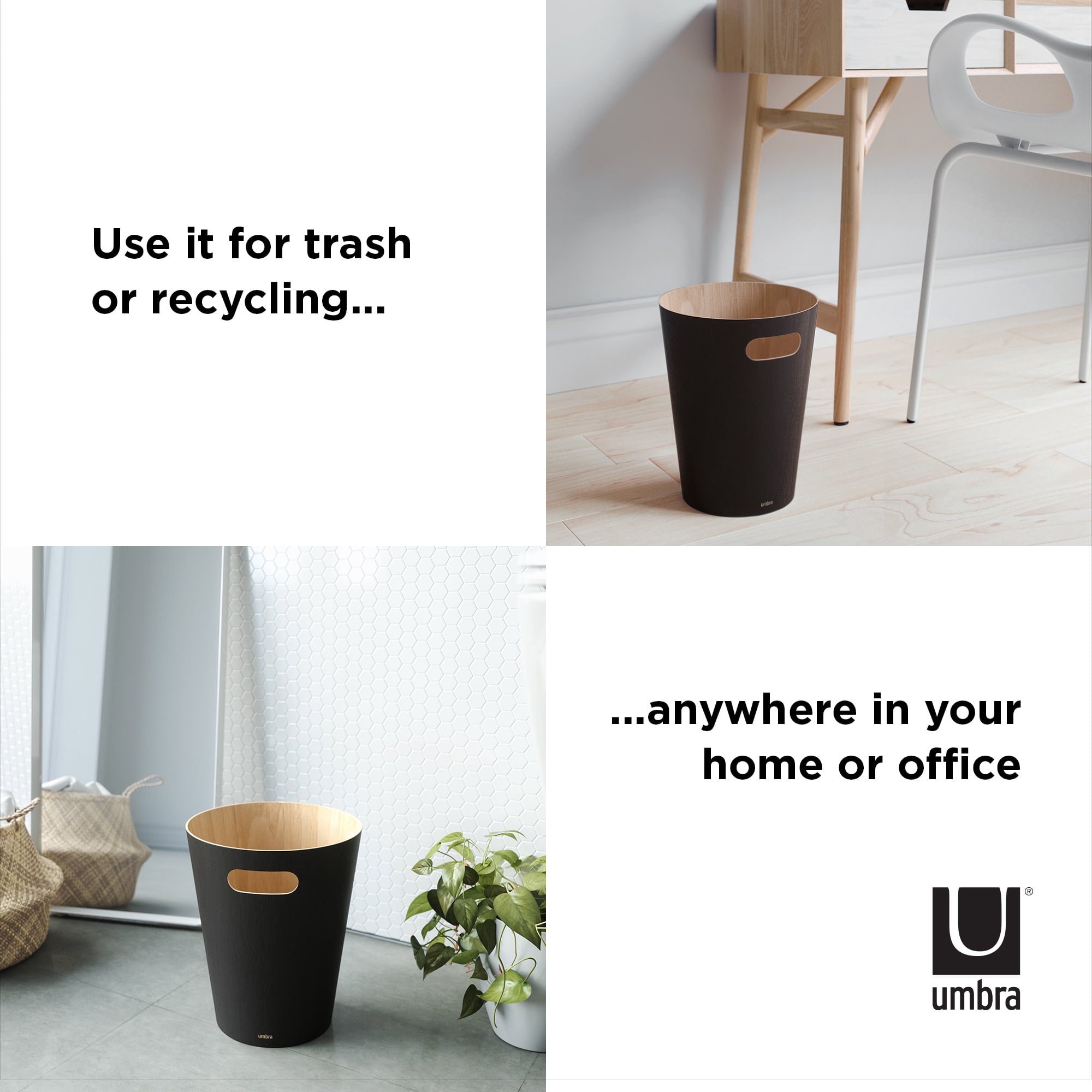 Umbra 2 gal Woodrow Wood Open Top Bathroom, Bedroom, Office Trash Can, Black