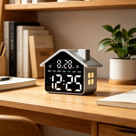 Battery Operated Digital House - Shaped Alarm Clock with Auto-Dimming,Snooze,Date,Day of Week,Temperature,Modern Aesthetic, Cute Small Desk Clock for Bedside Table, Bedroom
