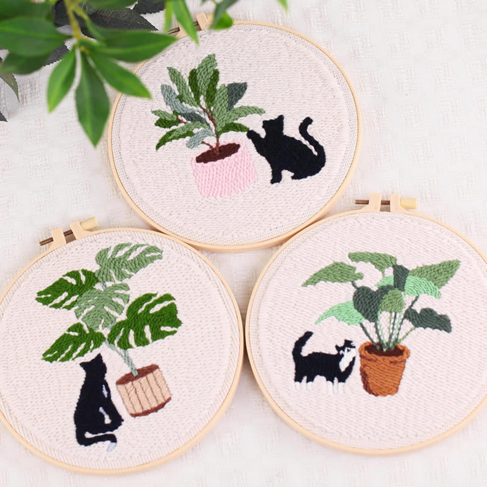 Historyli Go5H Punch Needle Kits For Beginners, Cute Cat And Green Plant Themed Punch Needle Embroidery Starter Kits With Punch Needle Fabric And Embroidery Hoops