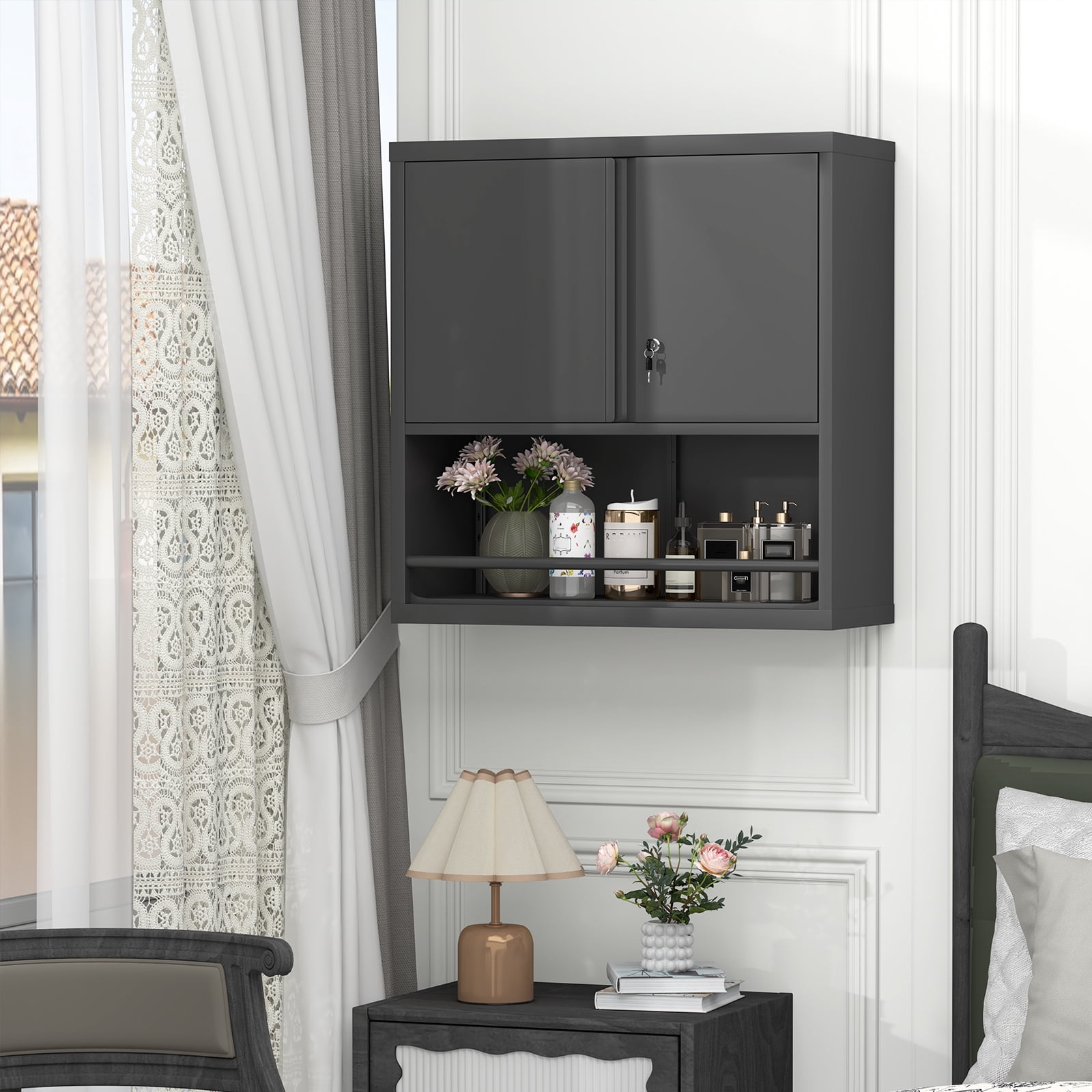 Kitchen Pantry Cabinet with Adjustable Shelves & 2 Doors,Metal Storage Cabinet with Locker for Kitchen,Living Room,Dining Room,Office,Black
