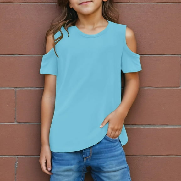 Ovbmpzd Tops for Teen Girls off the Shoulder Short Sleeve Blue Dressy Solid Blouses Boys Tees 3 Years
