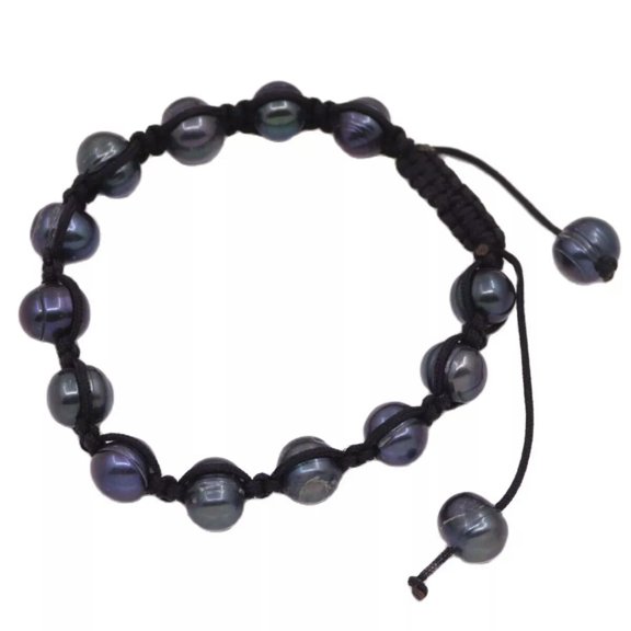 EOEMY 9-10mm Shambhala Genuine Black Pearl 7-9" Adjustable Black Bracelet
