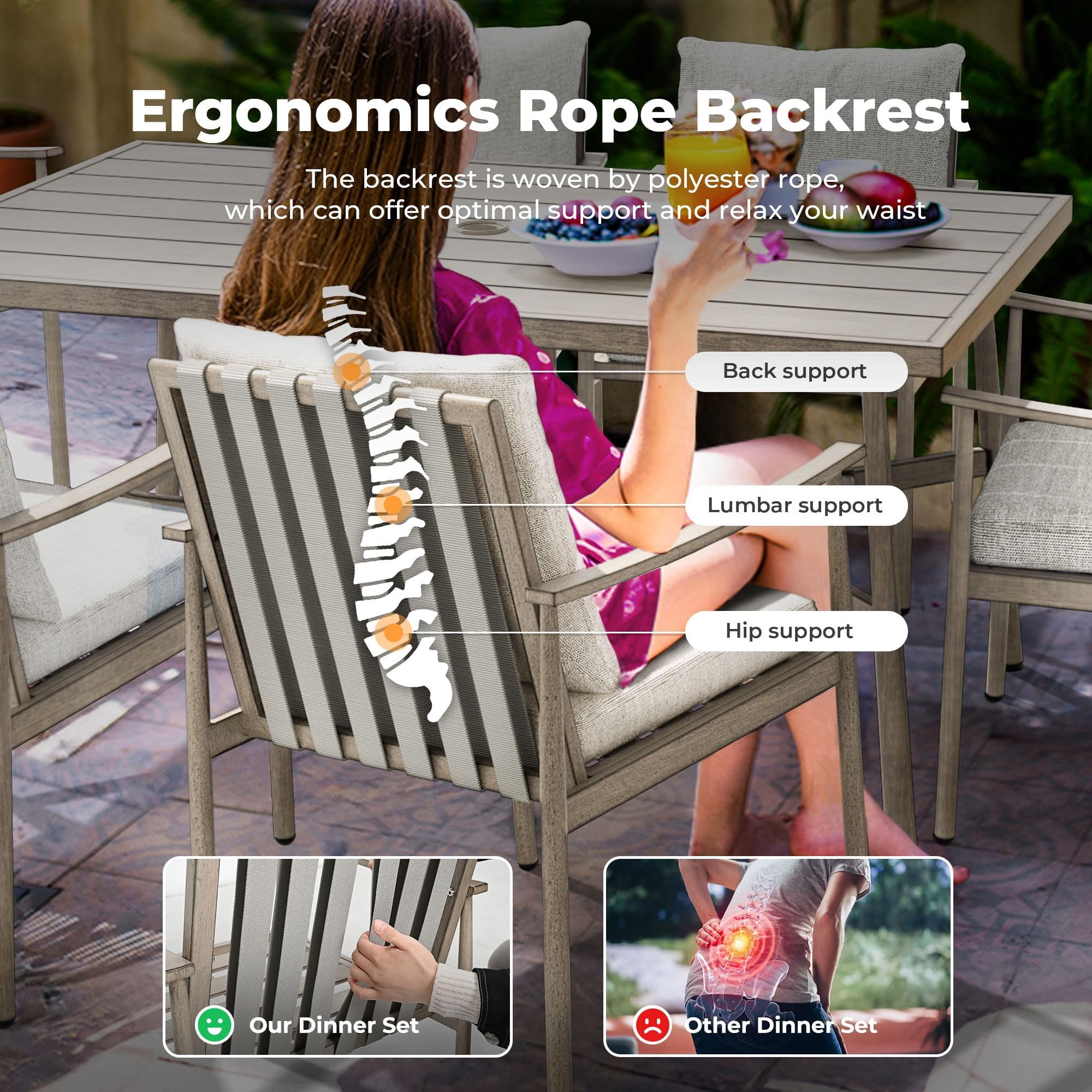 Outdoor Dining Chairs Set of 4, Aluminum Patio Chairs with Cushions, Rope Backrest Ergonomic Armrest Dining Chairs for Backyard Porch Pool, Brown/Blue