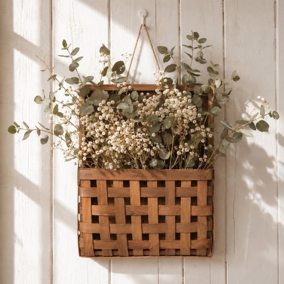 Wooden Hanging Basket, Wall Mounted Storage Basket, Wall Flower Arrangement Decor, Hand Woven Breathable Hollow Out Structure, Multi-Purpose Wall Pendant for Wall Decoration and Storage
