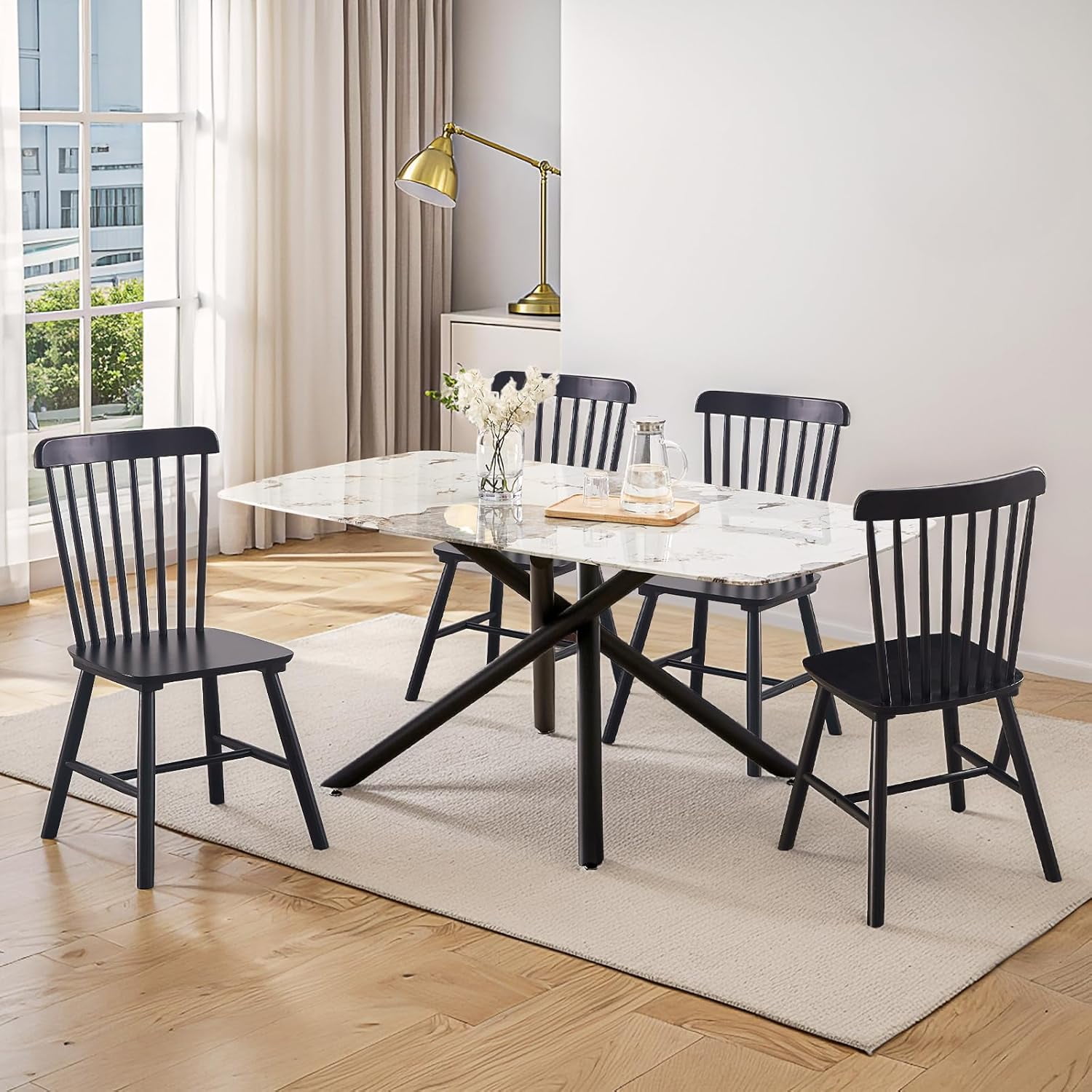 GARITIN Dining Chairs Set of 4, Solid Rubber Wood Kitchen Chairs with Curved Backrest and Rounded Edges for Dining Room, Black