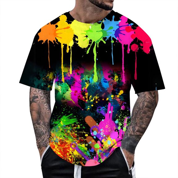 Rggeeun Men'S T-Shirts Fashion Graffiti Style Pattern Short Sleeve Crew Neck Knit Loose Fit Casual For Summer Daily Wear Lightweight Tee,Yellow,Xxl