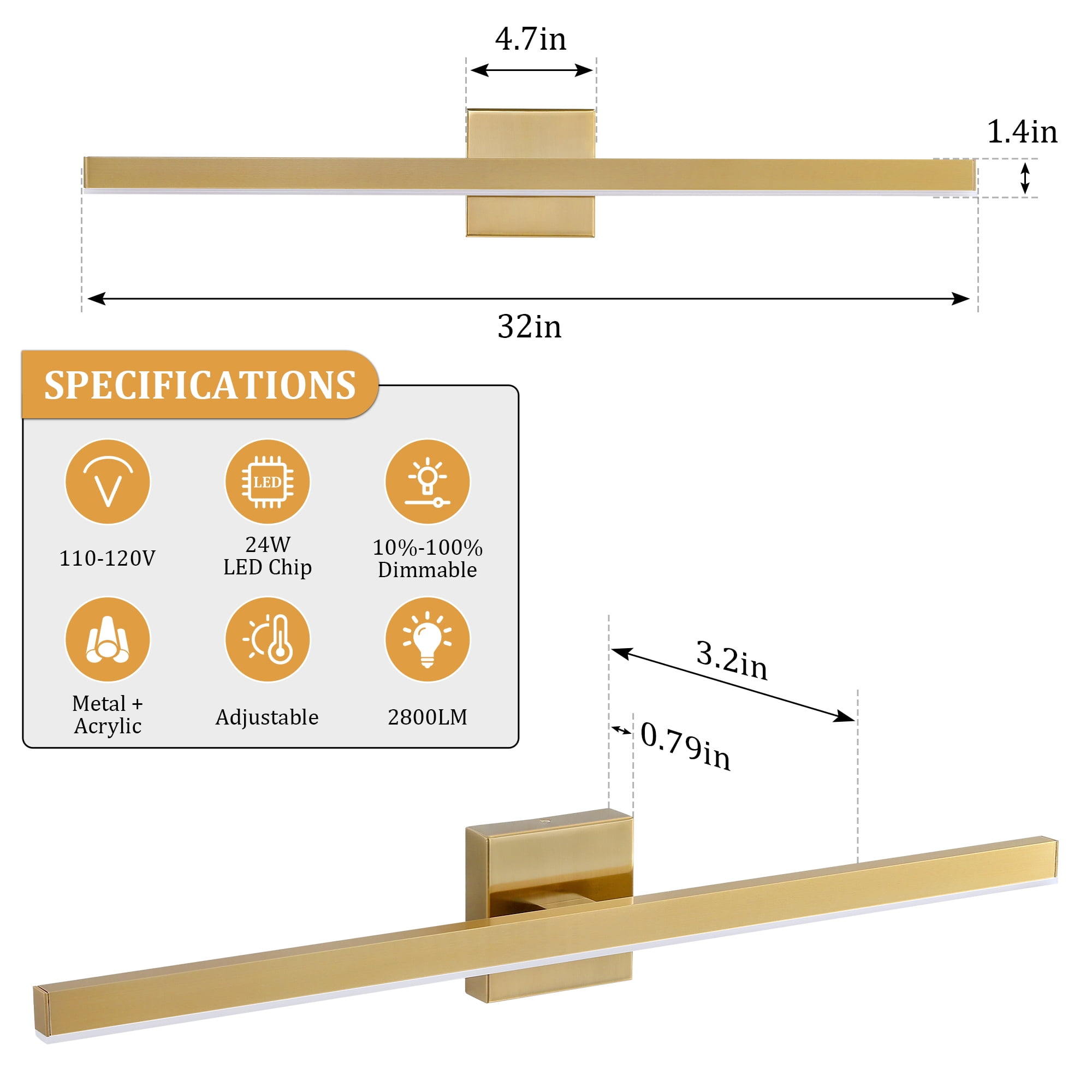 Minimalist Linear LED Modern Lighting Fixtures 32'' Bathroom Gold Vanity Light Dimmable Over Mirror Wall Sconce for Bathroom