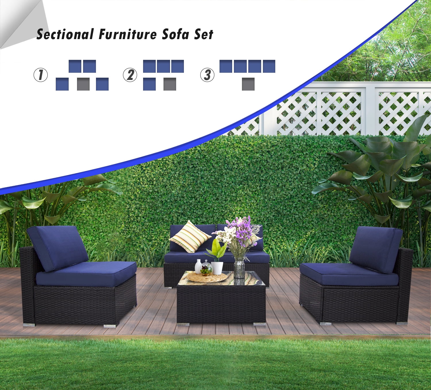 EXCITED WORK Blue 5 Pcs Patio PE Rattan Wicker Sofa Set Outdoor