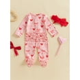 thumbnail image 5 of Elippeo Baby Girl Valentine’s Day Outfits Long Sleeve Heart Bow Print Ruffle Jumpsuit with Headband Set Newborn Clothes, 5 of 9