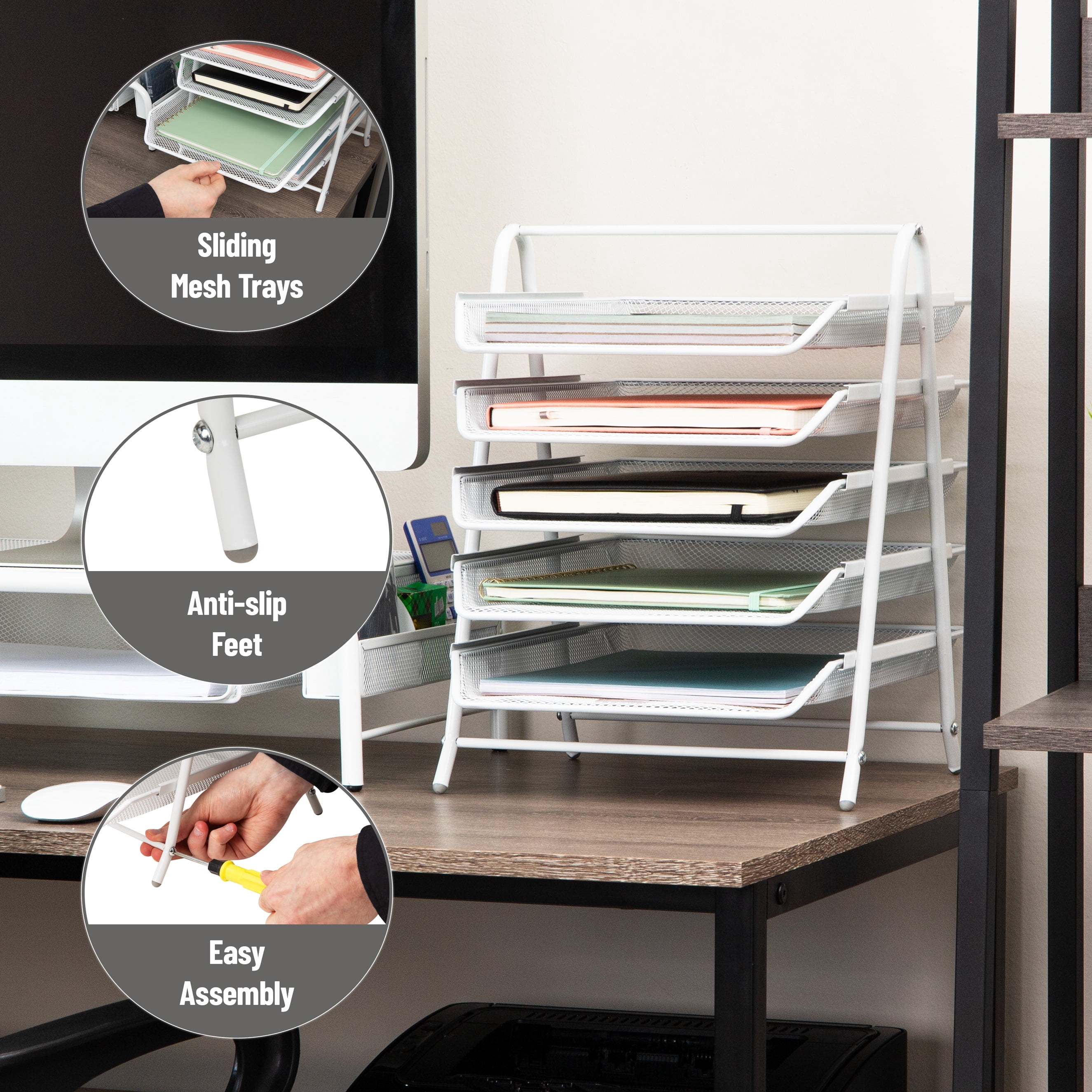 Mind Reader Multi-Tier Desk Organizer with 5 Sliding Trays, White